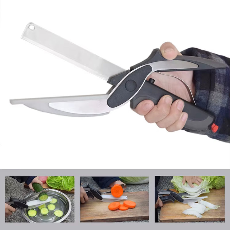 Clever Multipurpose Stainless Steel Kitchen Scissors Food Cutter & Knife with Cutting Board for Slicing Fruit & Vegetables