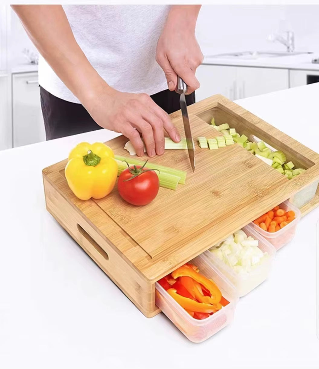 Multifunctional Bamboo Cutting Board with Detachable Storage Containers - Kitchen Organizer for Vegetables, Fruits & Ingredients
