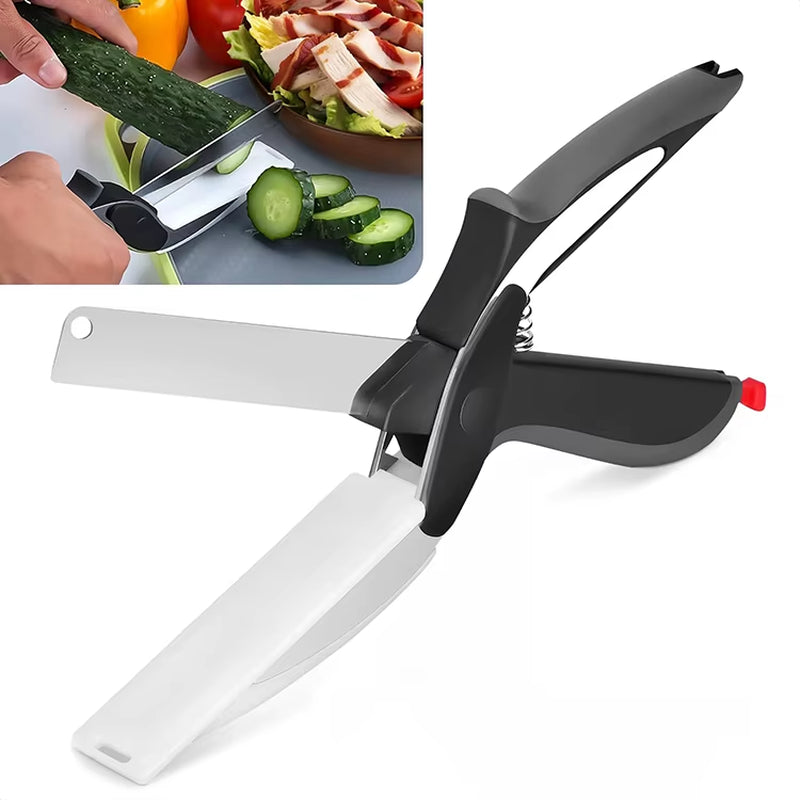 Clever Multipurpose Stainless Steel Kitchen Scissors Food Cutter & Knife with Cutting Board for Slicing Fruit & Vegetables