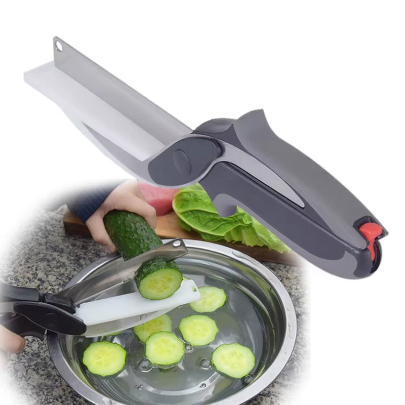 Clever Multipurpose Stainless Steel Kitchen Scissors Food Cutter & Knife with Cutting Board for Slicing Fruit & Vegetables